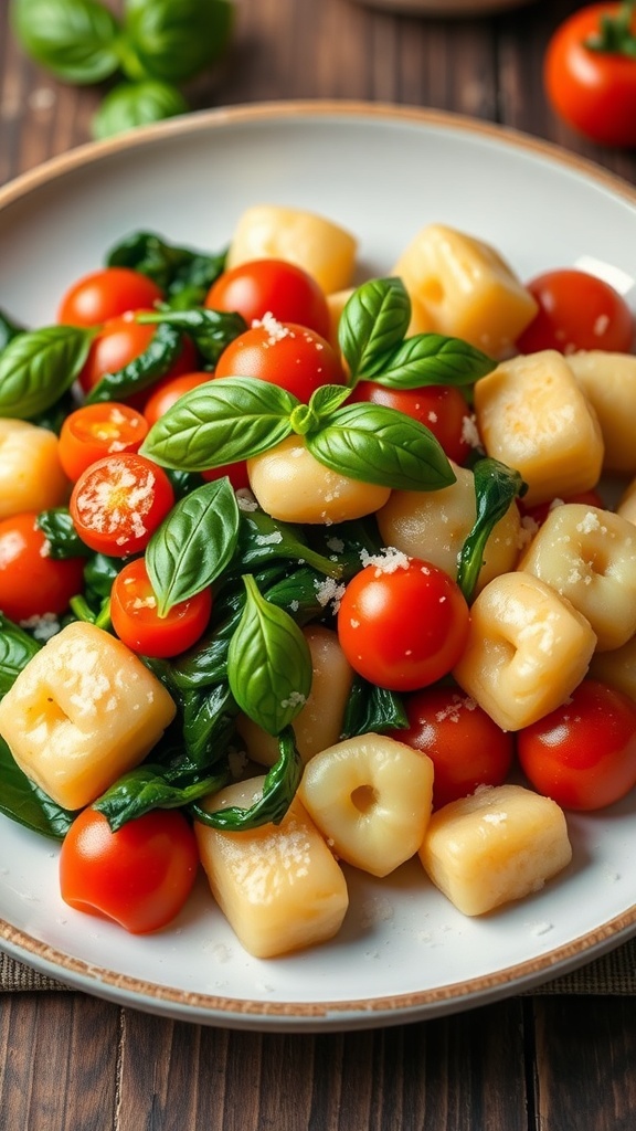 Sautéed cauliflower gnocchi with cherry tomatoes and spinach, garnished with basil and Parmesan on a rustic table.